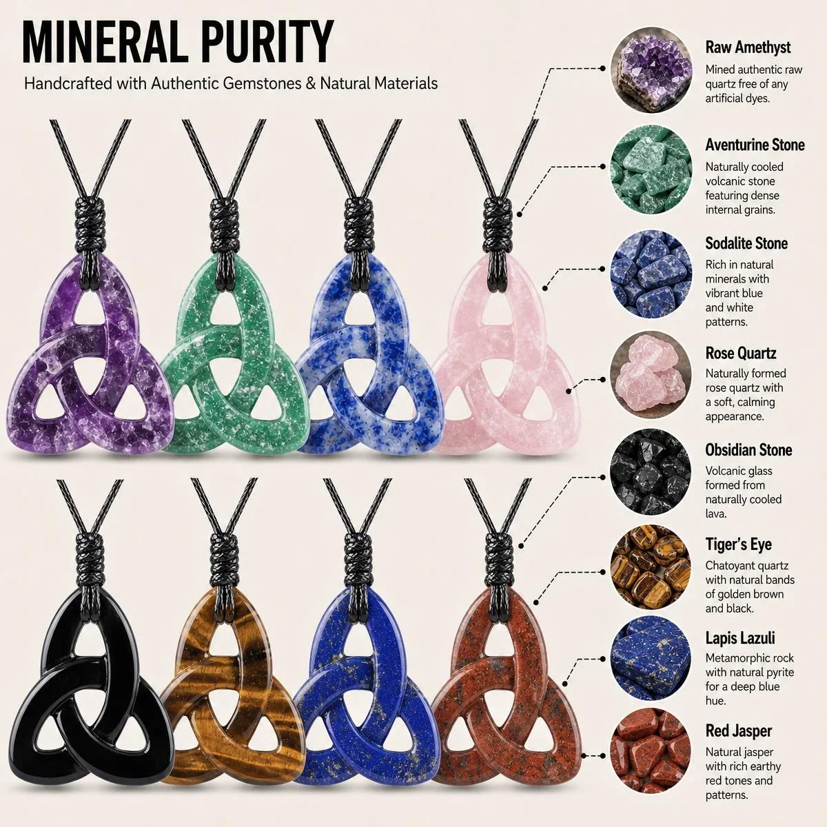 JOYAGIFT Gemstone Triquetra Celtic Knot Pendant Adjustable Wax Cord Chakra Stone Irish Symbol Necklace Spiritual Jewelry