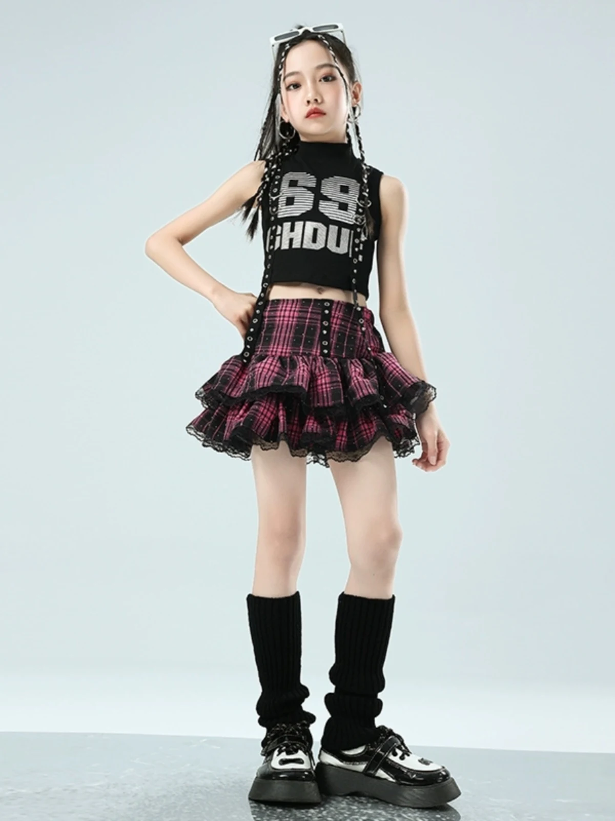 Kpop Jazz Dance Clothes For Girls Cheerleading Dance Performance Costume Vest Lace Lattice Skirt Kids Concert Stage Wear BL12617