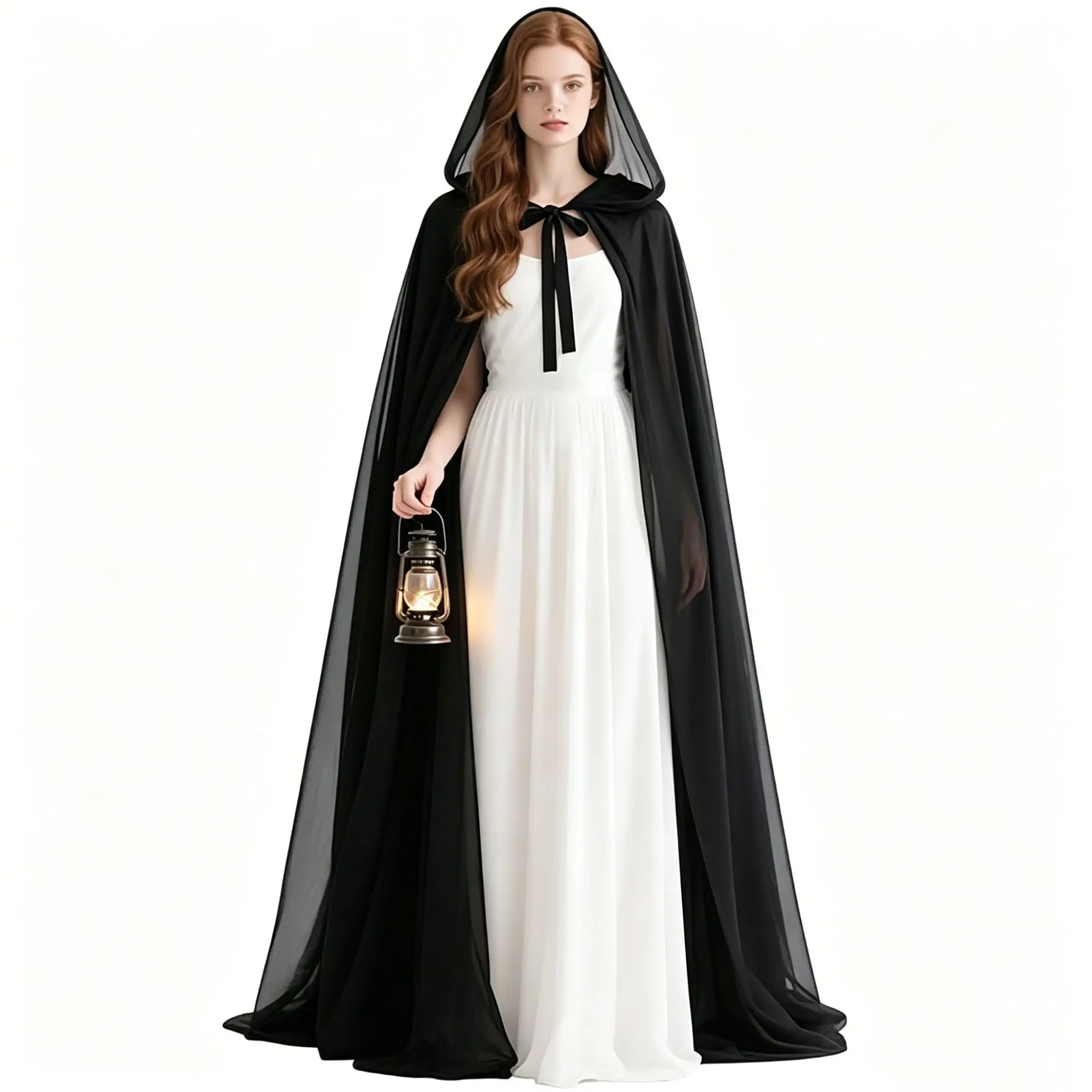 Halloween Carnival Masquerade Party Mysterious Medieval Style Simple Design Chiffon Elegant Lightweight Hooded Long Tie Cloak