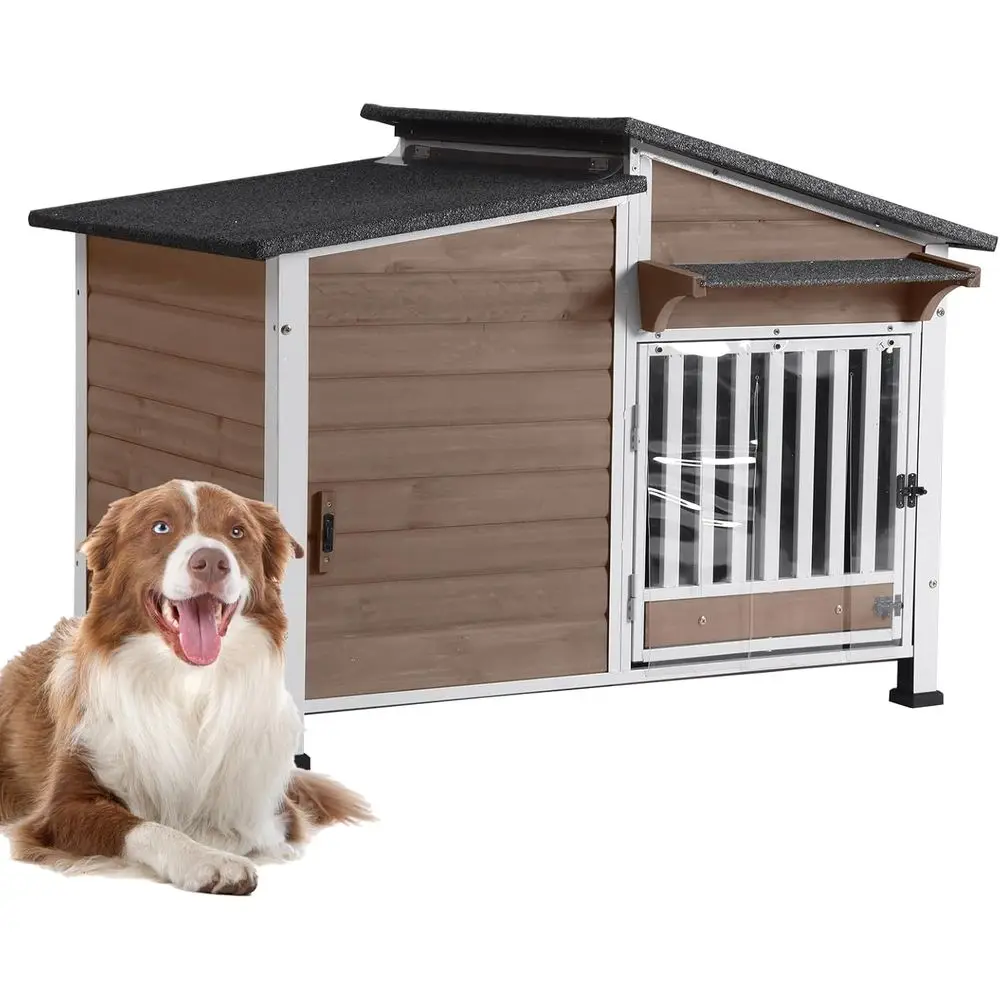 

Outdoor Anti-Cheating Metal Frame Wooden Dog Kennel Indoor Weatherproof PVC Door Curtain Rotating Food Bowl (Light Brown)