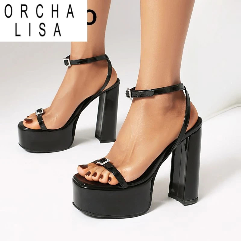 

ORCHA LISA Sexy Female Sandals Open Toe Chunky Heels 13.7cm Platform 4.3cm Buckle Strap Crystal Large Size 41 42 43 Party Shoes