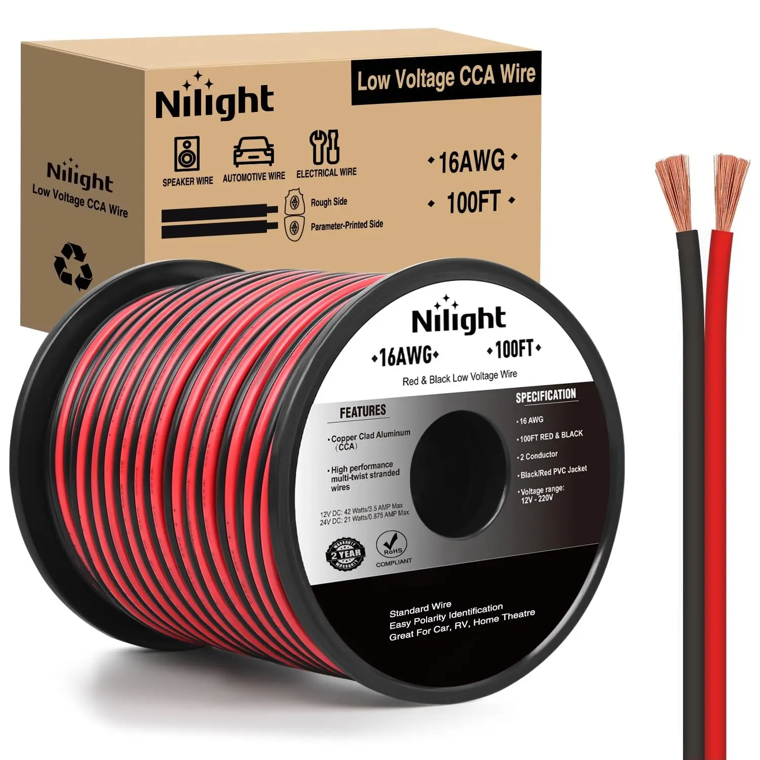 16AWG 100FT Copper Clad Aluminum Wire 16/2 Gauge Red Black CCA Electrical Cable 2 Conductor Parallel 12V/24V DC Extension Cord