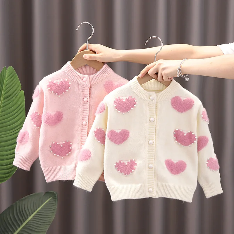 

Infant Girl Autumn Winter Sweater Cardigan Love Pearls Fleece Warm Kid Baby Girl Open Stitch Coat Soft Sweet Belle Girl Knitwear