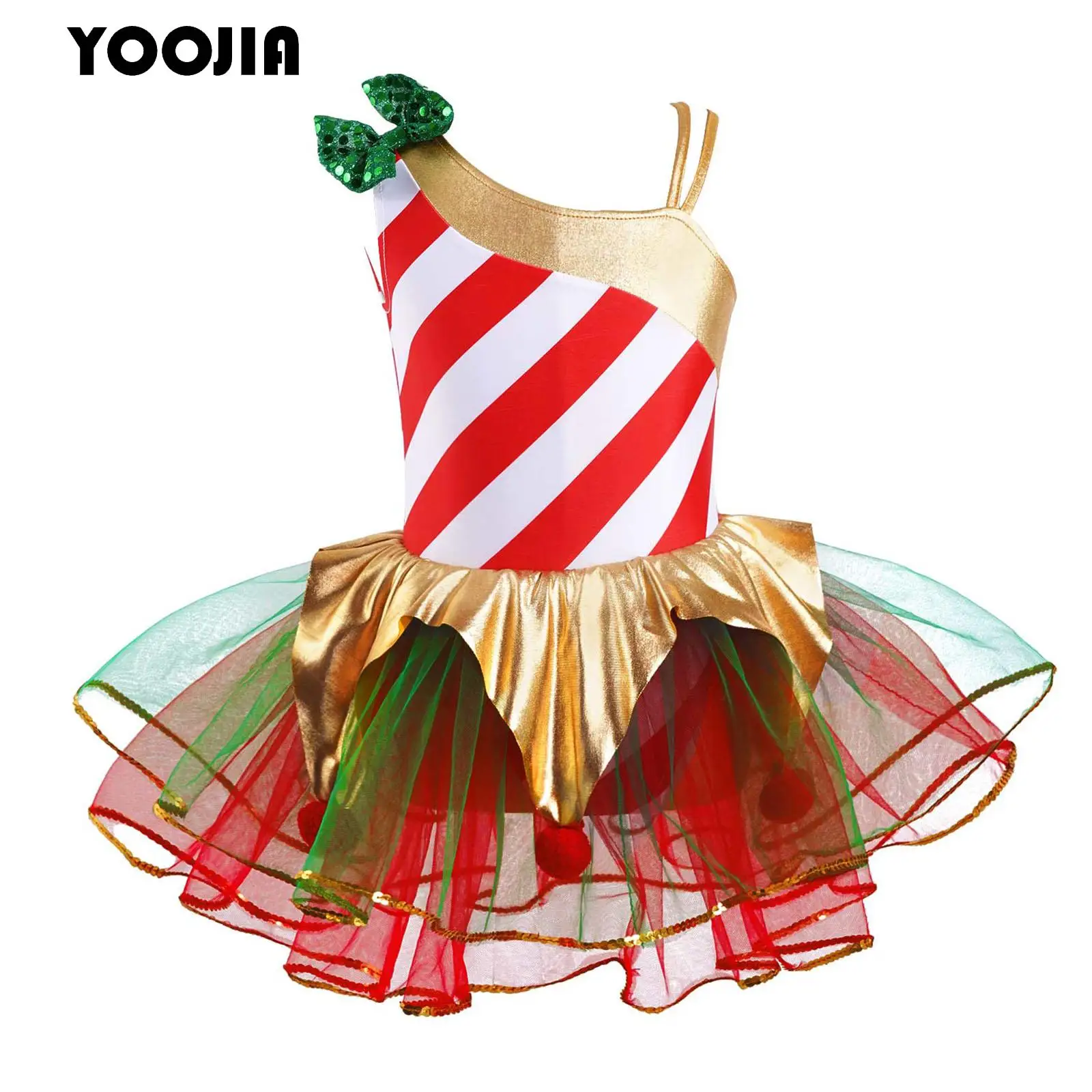 Kids Girls Christmas Elf Costumes Candy Cane Striped Sequins Ballet Tutu Dance Dress Circus Clown Costume Leotard Dancewear