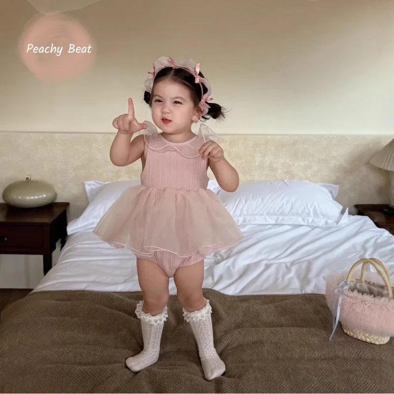 新生児女の子プリンセス綿フリル襟ロンパースノースリーブ幼児子供夏チュールジャンプスーツベビー服-0-18m