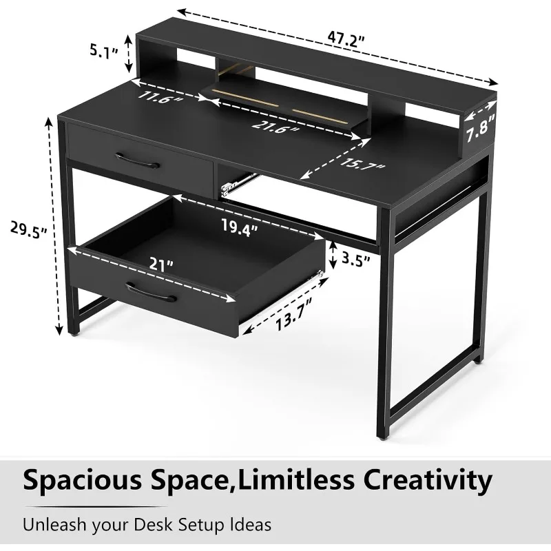 Mesa do computador com gavetas, Home Office Desk, Monitor Stand, escrivaninha com armário de armazenamento, 47 polegadas