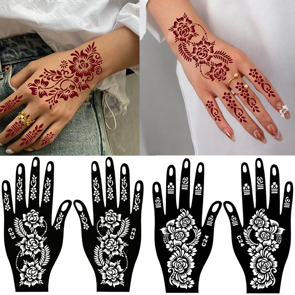 1 Pair Flower Henna Tattoo Stencil Mehndi Tattoo Template For Women Hand Painting Suitable for Wedding, Eid Festival