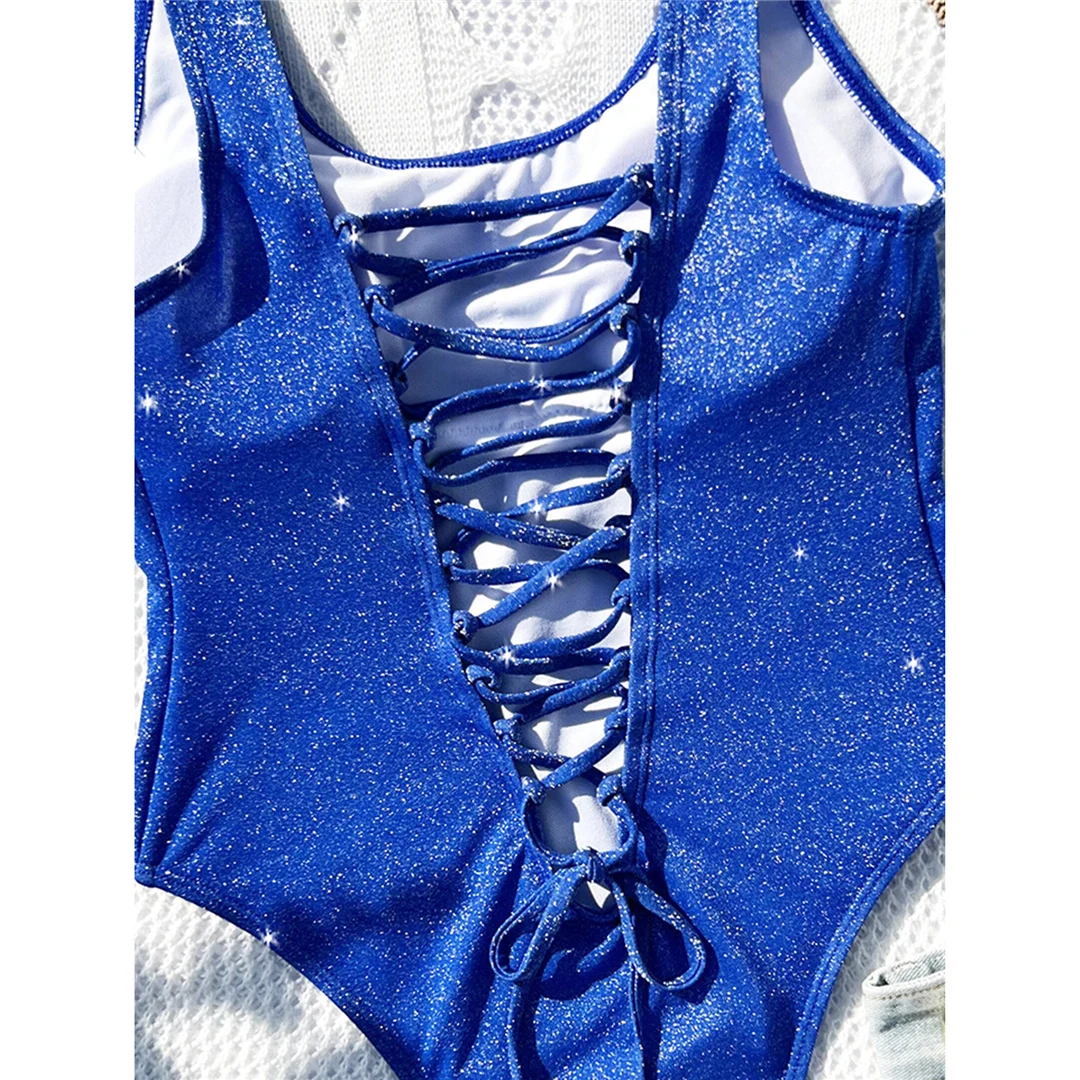 Sexy, glitzernder, funkelnder, rückenfreier, einteiliger Badeanzug mit Schnürung, Damen-Badebekleidung, hoch geschnittener Badeanzug, Badeanzug für Damen, V4333 – Detail 12