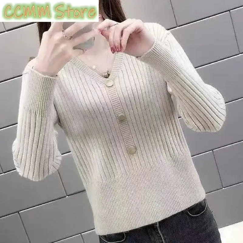 

Commute Solid Color Slim Knitted Sweaters Autumn Winter Korean Basic Long Sleeve Women's Clothing Casual V-Neck Button Jumpers