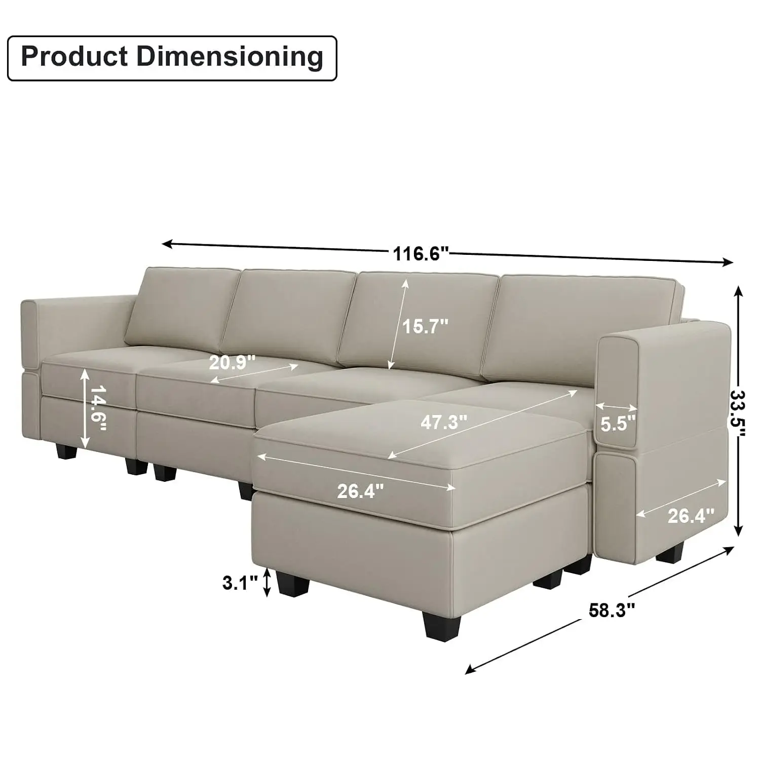 Velvet Modular Sectional Sofa with Reversible Chaise & Storage, L Shaped 4 Seat Convertible Grey, Customized