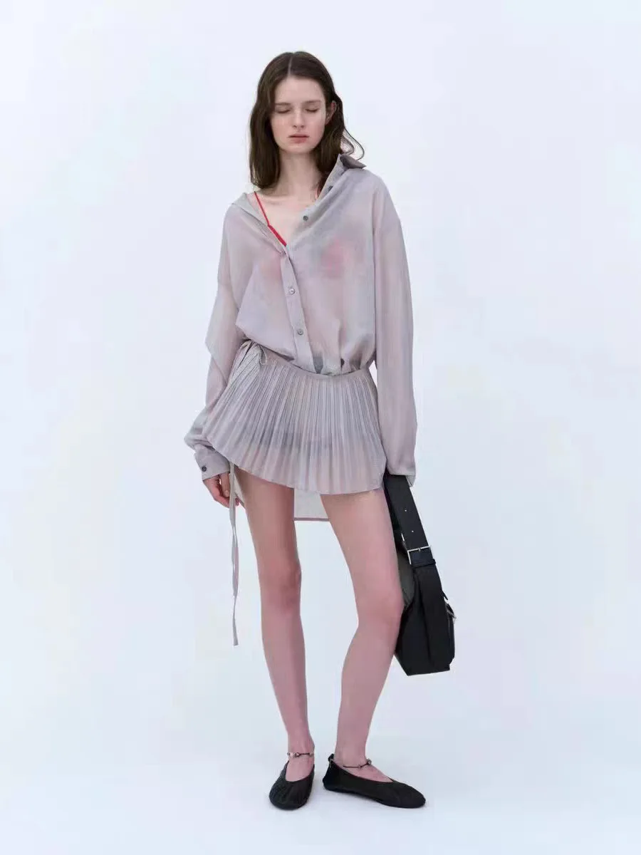 

Spring Dongdaemun Simple Collar Long Sve irt Top Pleated Skirt Two Piece Set Single Button Women's Faion Ensemble