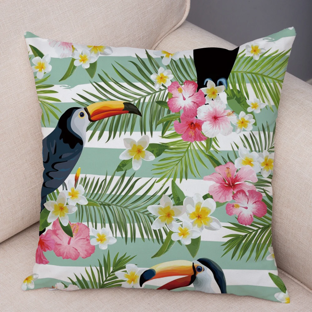 Palm Leaf Cushion Cover Tropical Vintage Stripe Print Soft Decorative Square Pillow for Sofa Bedroom Home Decor Gift 45x45cm