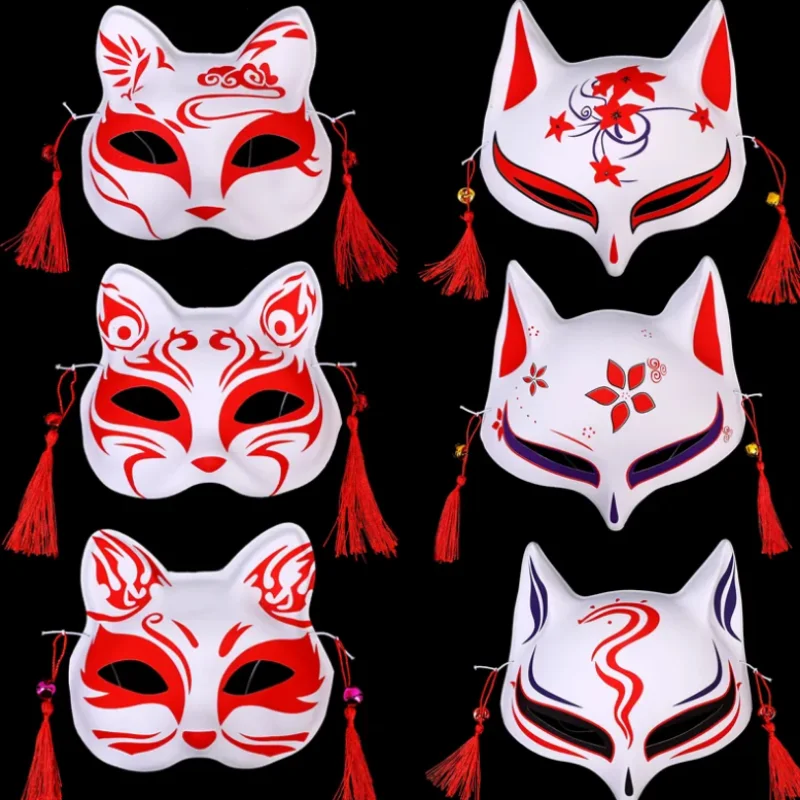 Anime Foxes Mask Hand-Painted Japanese Cat Fox Half Face Mask Masques Halloween Party Costumes Cosplay Props Holiday Accessories