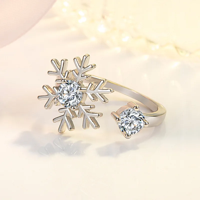 White CZ Crystal Snowflake Finger Ring Adjustable Opening Rings for Women Wedding Engagement Christmas Gift Silver Rings