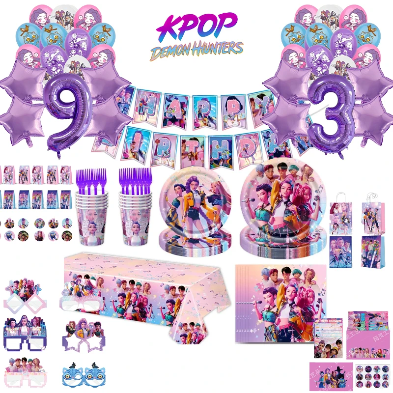 

KPop Demon Hunters Theme Birthday Party Fashion Decoration Set Tablecloth Plate Cup Number Balloon Cake Topper Boy Girl Supplies