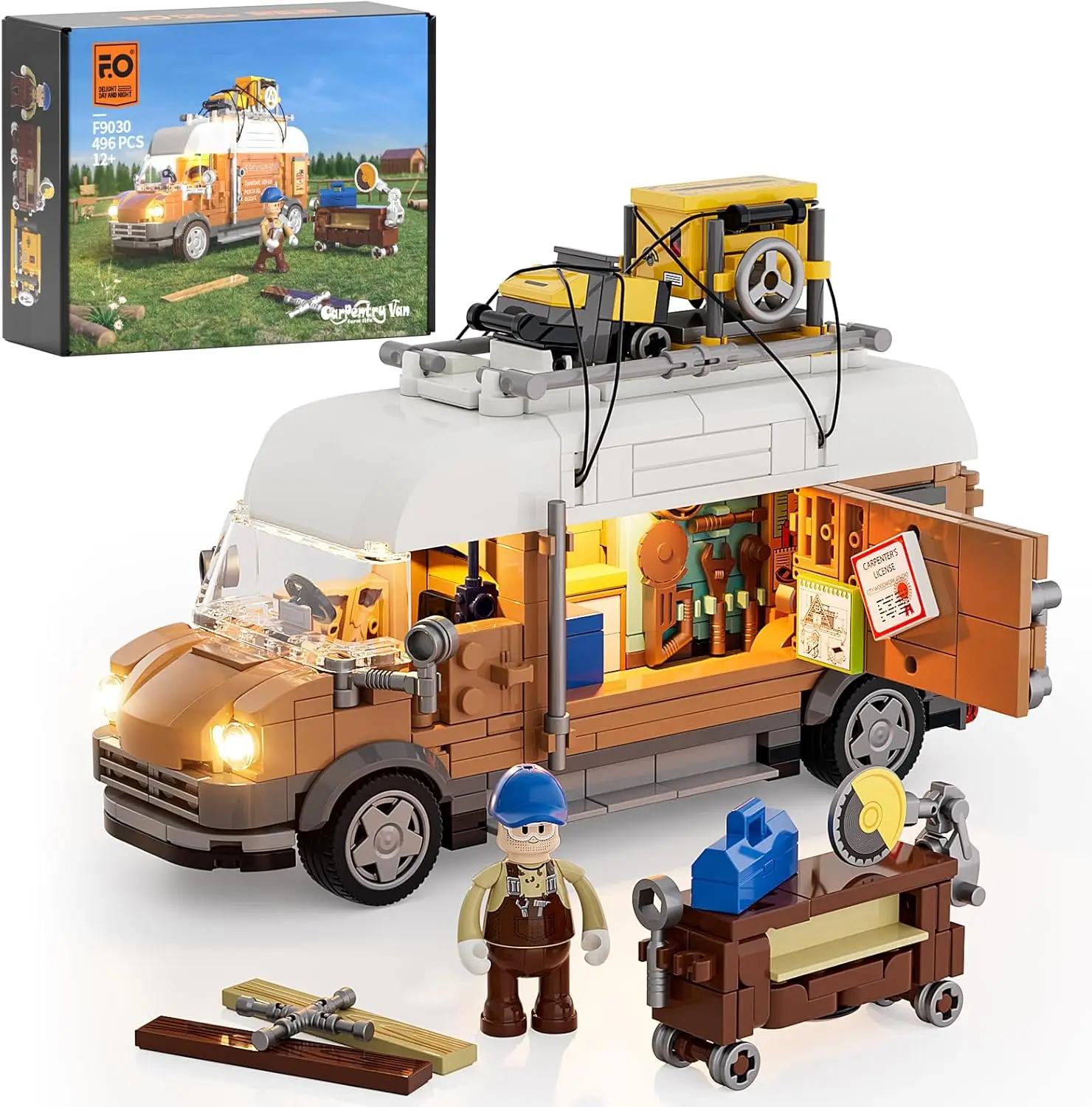 

FUNWHOLE Carpentry Van Lighting Building-Bricks Set - Farm Woodworker Car Collectible Display Set 496 Pcs With Color Box