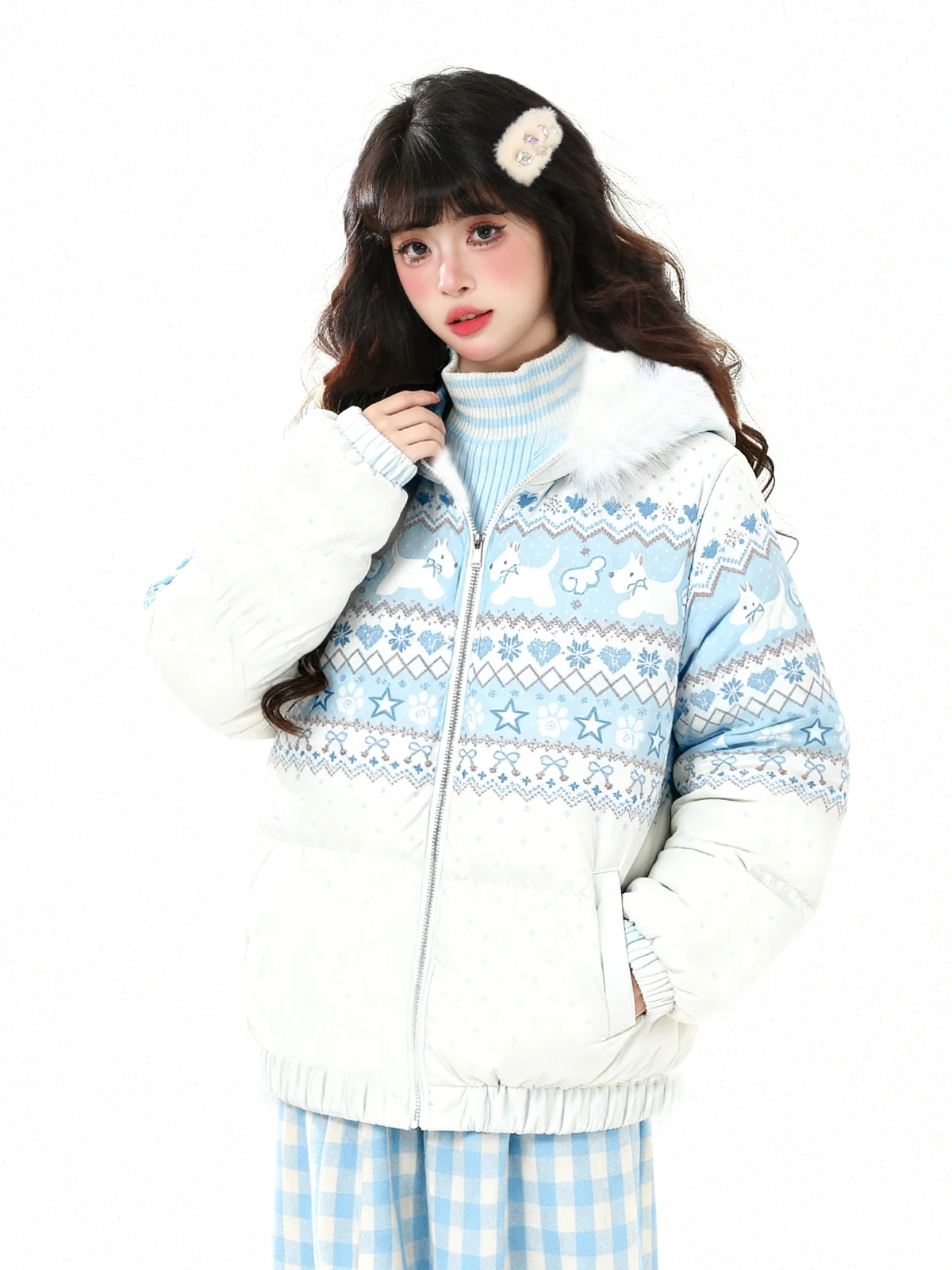 

ENJOG Cute Fair Isle Bear Hooded Thiened Women's Cotton Jaet Winter Warm Loose Fit Zipper Closure Long Sve Coat
