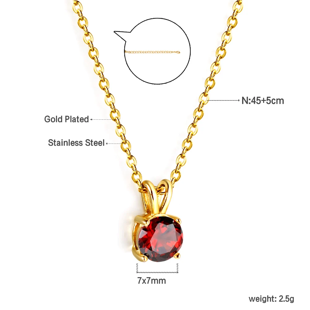 LUXUSTEEL Retro Colorful Round Crystal Pendant Necklace For Women Stainless Steel Rolo Chain Green White Red CZ