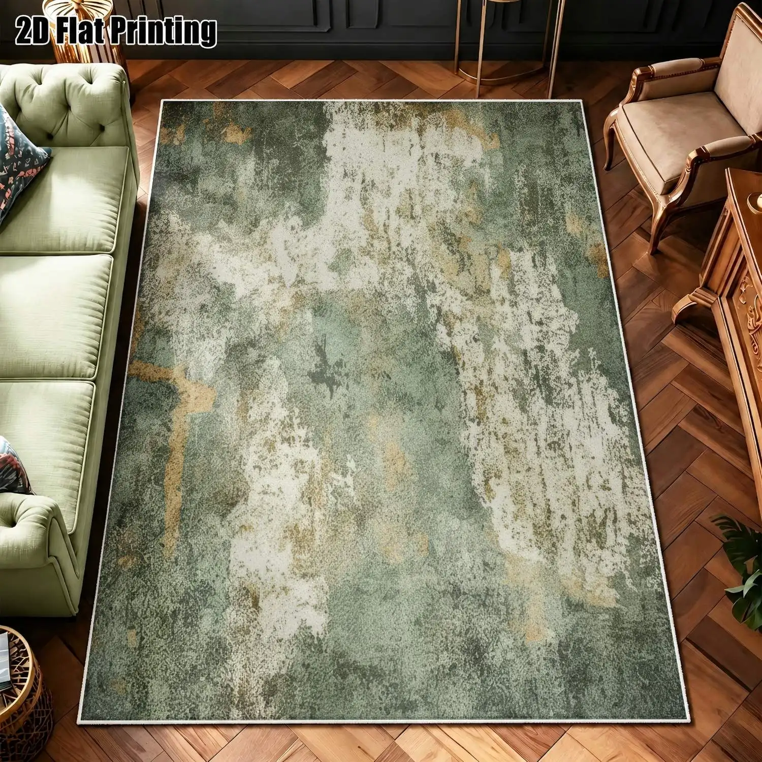 1Pc 2D Printed Velvet Carpet with Green, Brown, White Abstract Art Patterns Nordic, Modern Minimalist, Vintage, Geometric Striped, Instagram-Style Floor Mats for Home Decor, Multi-Size, Machine Washable, for Entryway, Dining Room, Foyer, Bedroom, Living Room.
