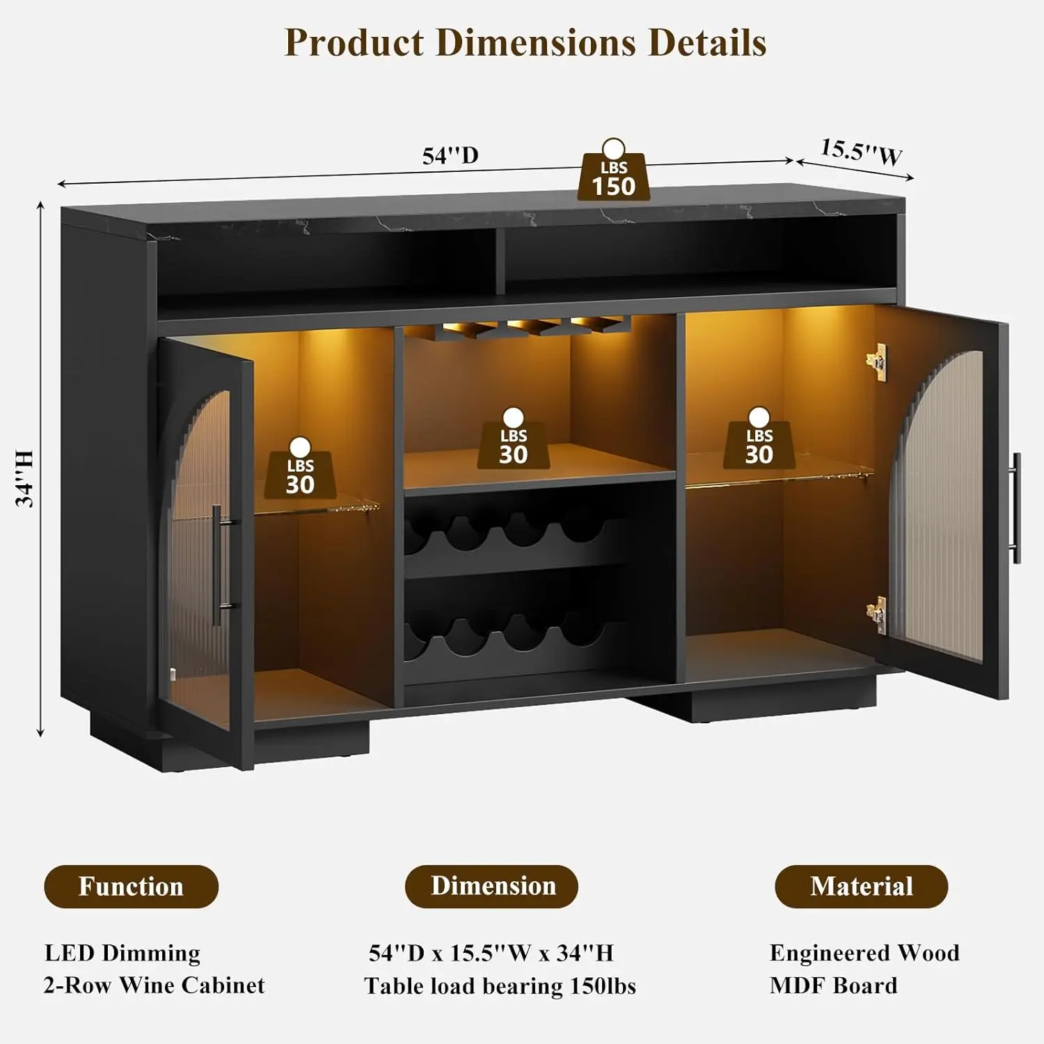54" LED Kitchen Buffet Cabinet with Arched Glass Doors Adjustable Shelves Wine Rack Dining Storage Black, Customized