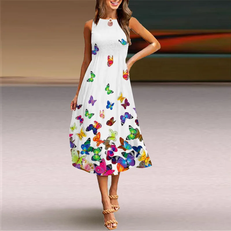 

2022-Border European and American New Sleeveless Dress Women's Casual Floral Print Swing Dress Bohemian Beach Dress