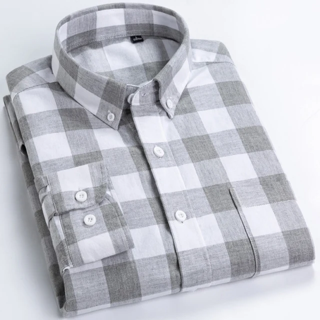 

Men Plaid Striped Cotton Shirts Single Patch Pocket Long Sleeve Standard-fit Button-down Casual Party Shirt