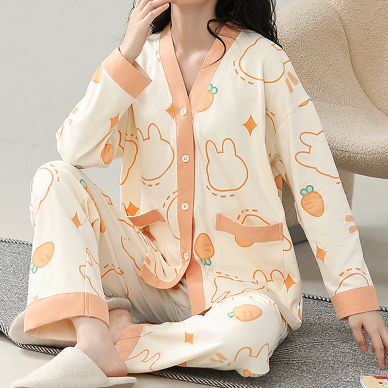 Women Pure Cotton Pajama Sets Long Sleeves Kimono V-neck Lapel Sleepwear Autumn Girl Pijamas Korean Pijamas Japanese Homewear