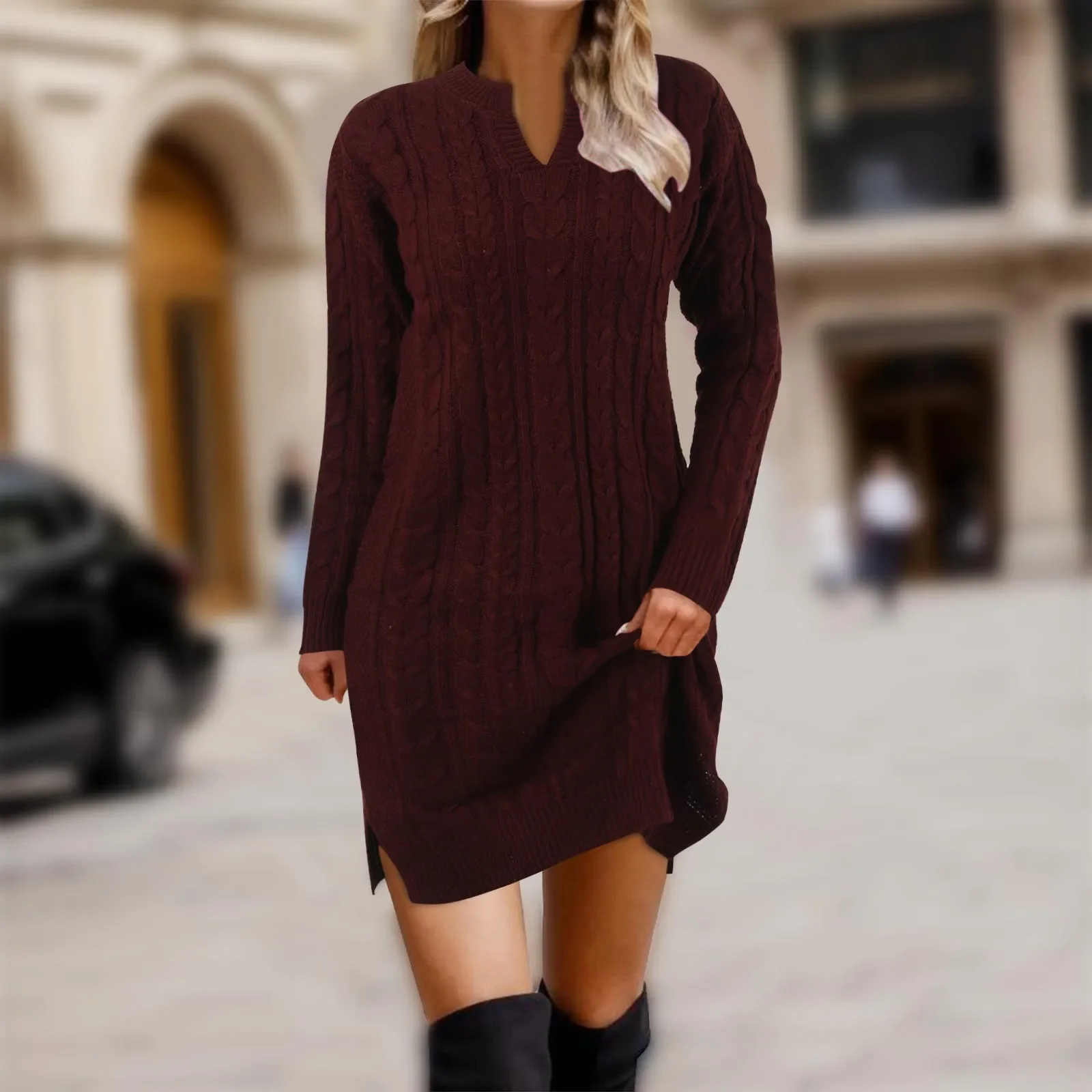 

Women's Clothing 2023 New In Autumn Winter Knitted Sweater Mini Dress Solid Color Loose Pullover Long Sleeved V-neck Vestidos