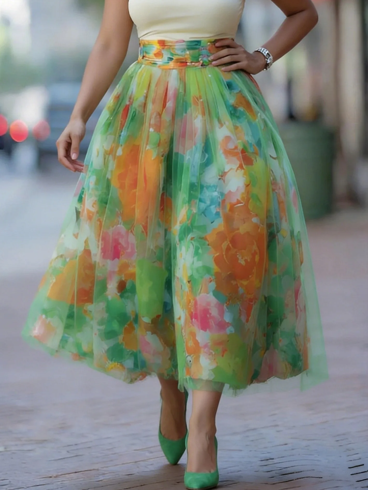 Casual Women's Pocket Commute Long Skirt Vintage Contrast Color Printed Mesh Half Skirts Elegant High Waist Pleated Swing Skirts