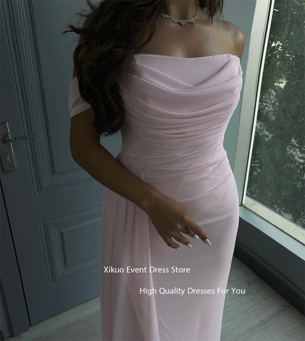 Xikuo Rosa Gerafftes Abendkleid Asymmetrische Chiffon-Partykleider Schulterfrei Stilvolles bodenlanges Vestidos De Fiesta Maßgeschneidert