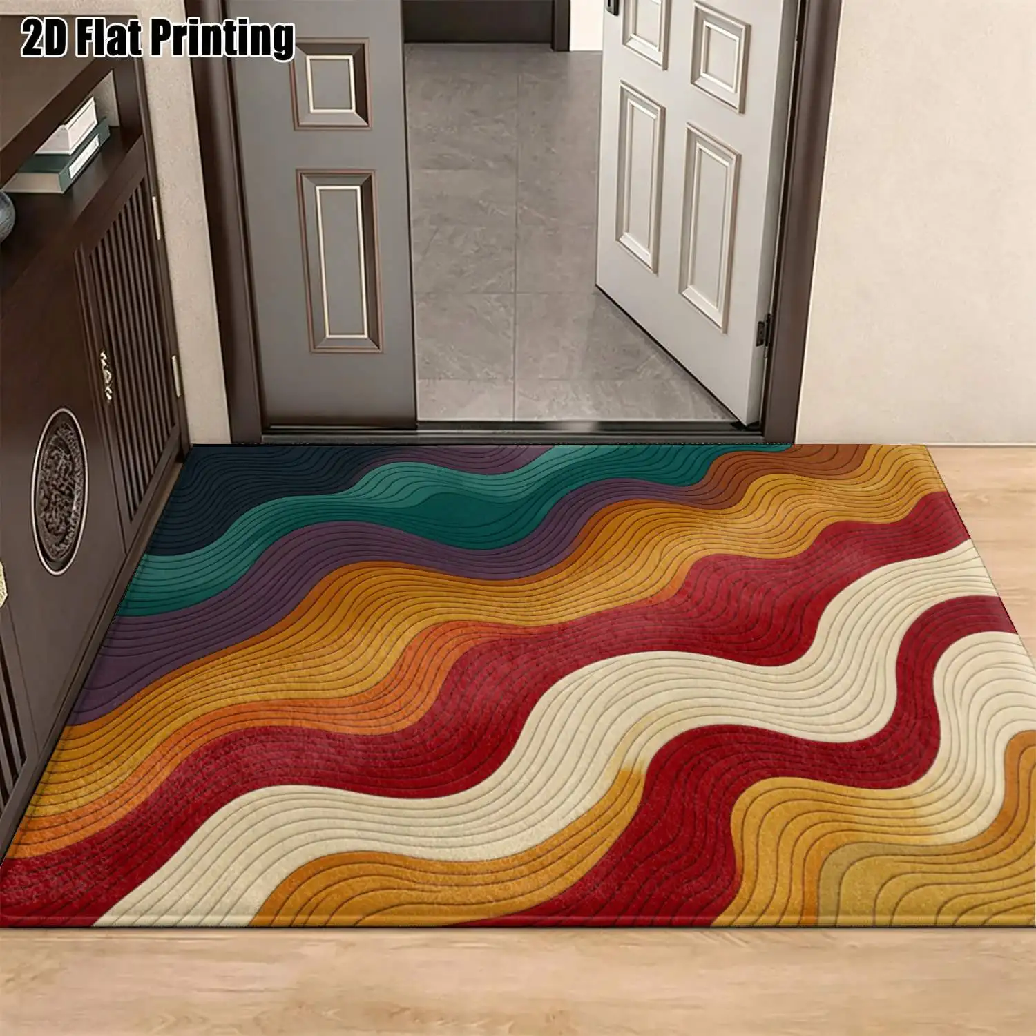 1Pc 2D Printed Contrast Wave Stripe Carpet: Retro, Minimalist, Instagram Style, Machine Washable, Multi-Size Home Decor for Entrance, Dining, Bedroom, Living Room, Foyer, Study