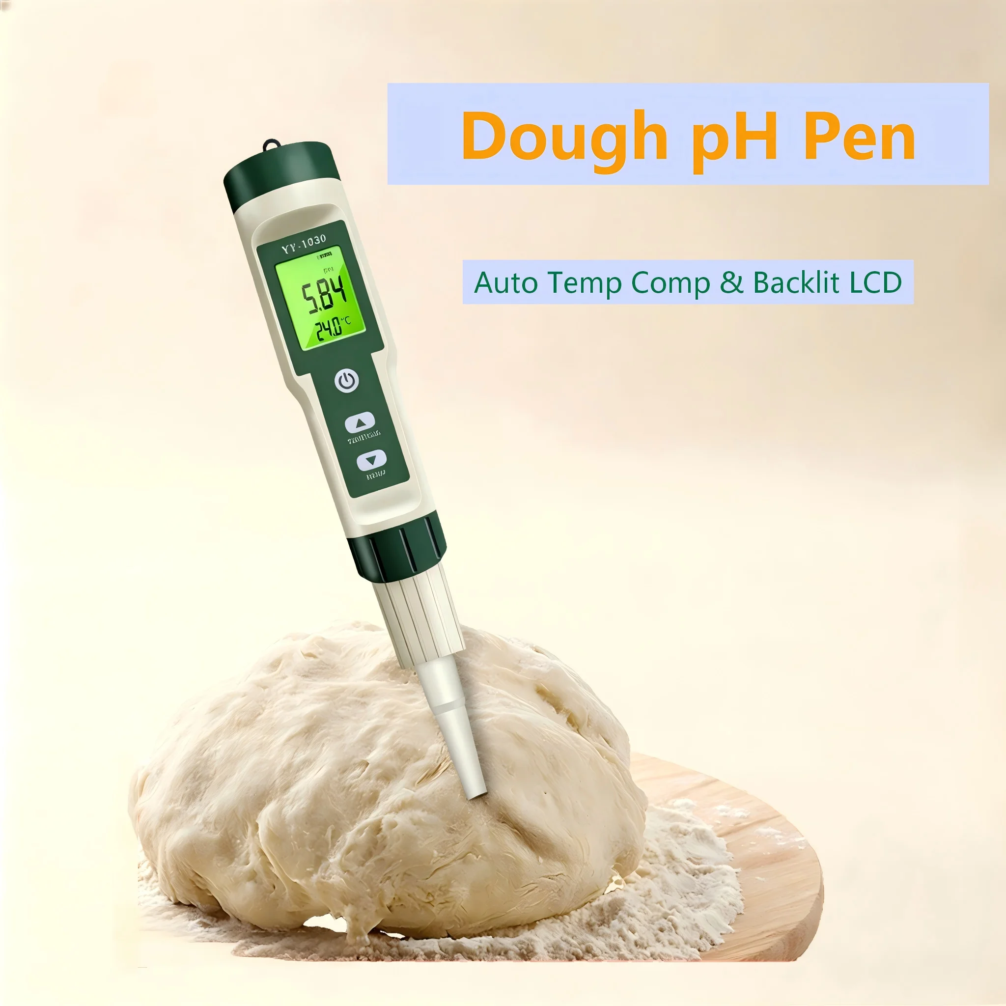 Dough pH Meter Spear Tip Tester for Bread Fermentation Meat Cheese Soil with 3 Calibration Powders ATC Portable pH Pen for Food