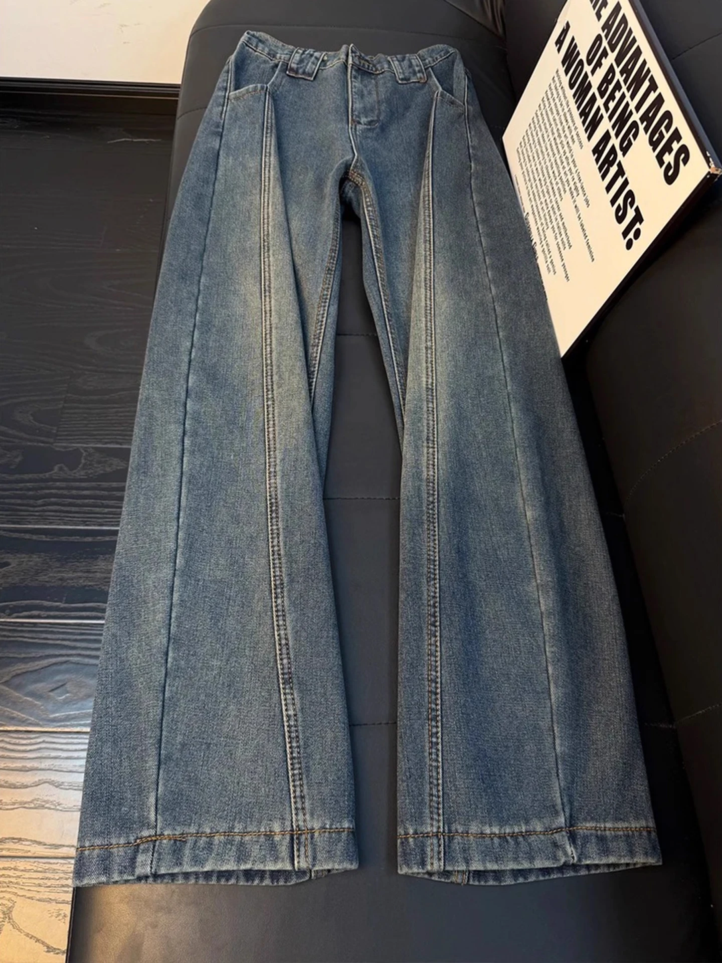 

Retro American Sle Thiened Fce Lined Loose Fit Straight Leg Men's Jeans Knife Bend Design Winter Wear Casual Trou...