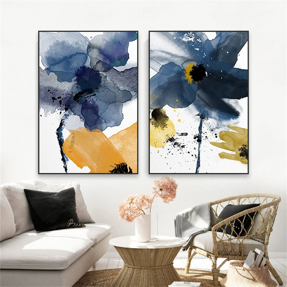 Watercolor Abstract Blue Yellow Daisies Poster Flower Print Floral Botanical Large Canvas Painting Modern Bedroom Wall Decor