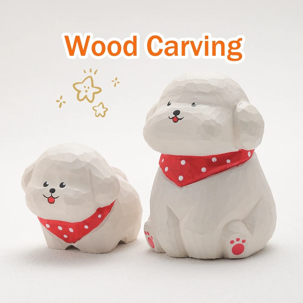 Handcrafted wood carving Teddy Dog Statue Cute Dog Figurines Desk Ornament Decorations  Animal Sculpture Crafts Christmas Gift
