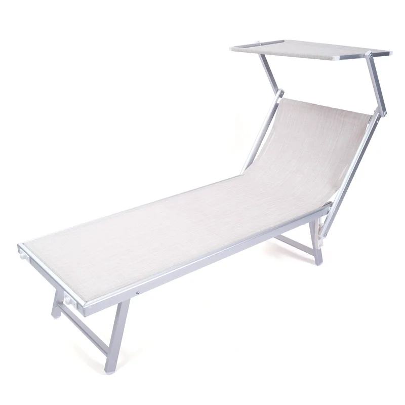 Outdoor Aluminum Tube Reclining Sun Lounger with Canopy | Folding Beach Garden Chair Adjustable Backrest