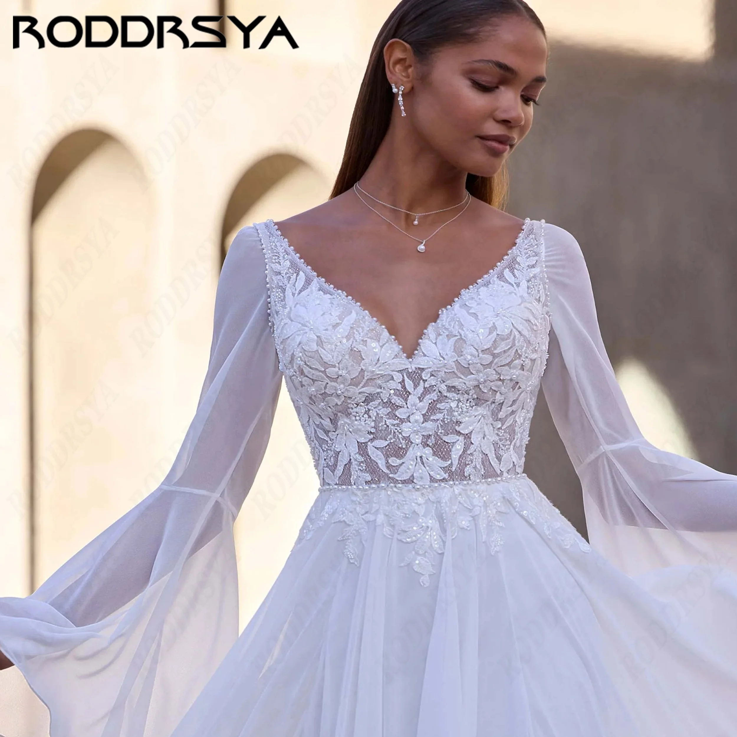 RODDRSYA Bohemian Detachable Sleeve Chiffon Wedding Dress Bridal Deep V Neck Lace Appliques Gown A-Line Brautkleid Personalized