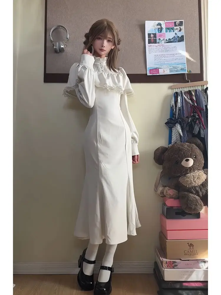 

JapanSpring New Milk White Cape Waist Fishtail Dress New Style