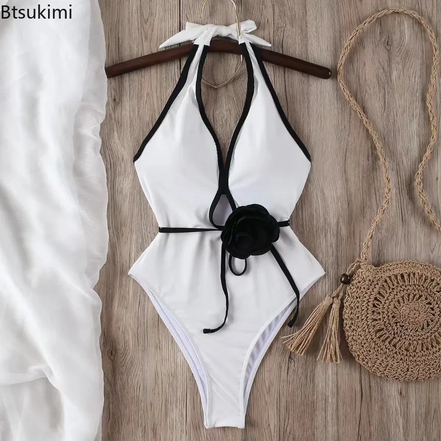New 3D Flower V Neck Belt Splicing Halter One Piece Swimsuit Women Swimwear Female Backless Monokini Bather Bathing Suit Swim
