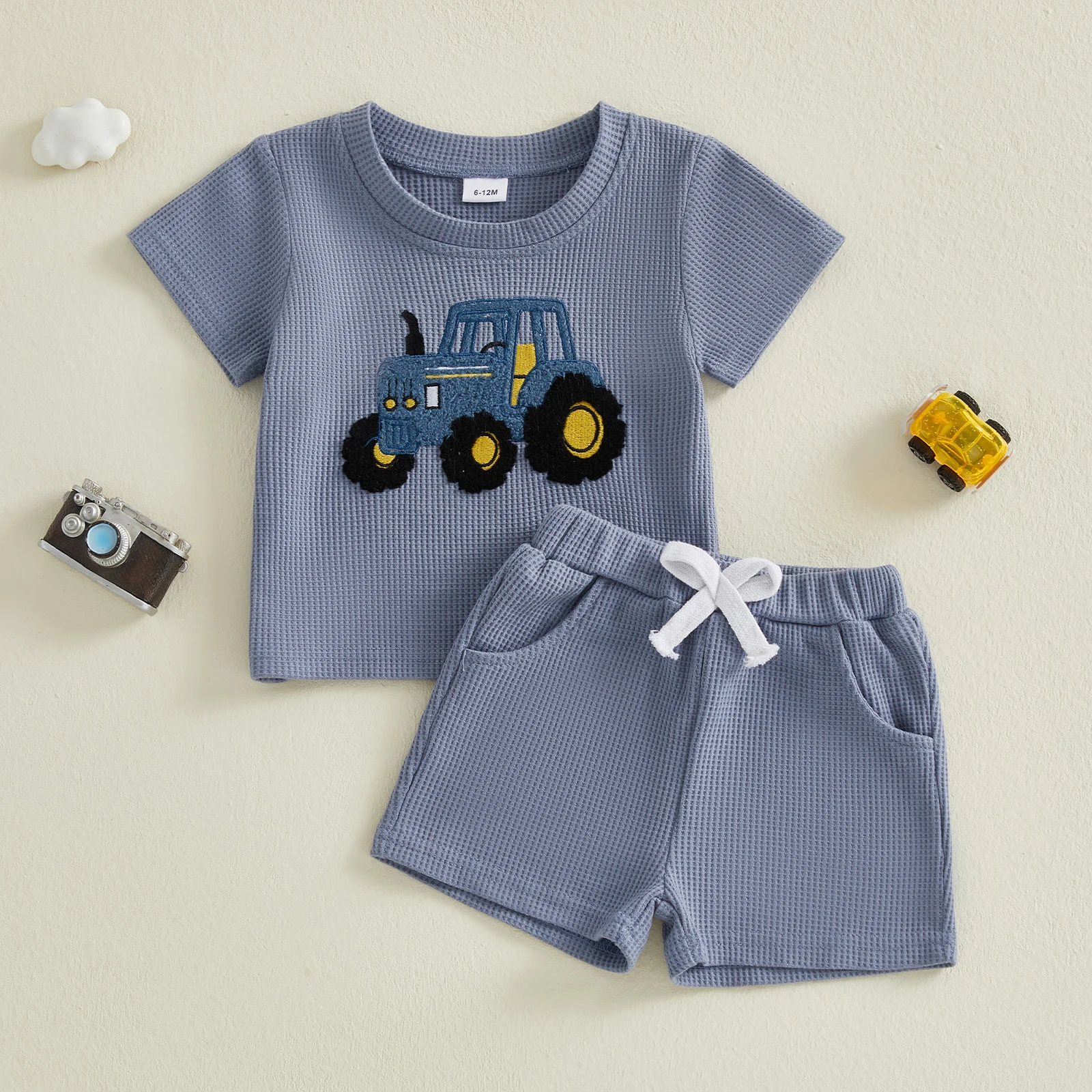 Toddler Kids Baby Boys Summer Outfits Adorable Tractor Embroidery Short Sleeve Round Neck Tops and Shorts Set