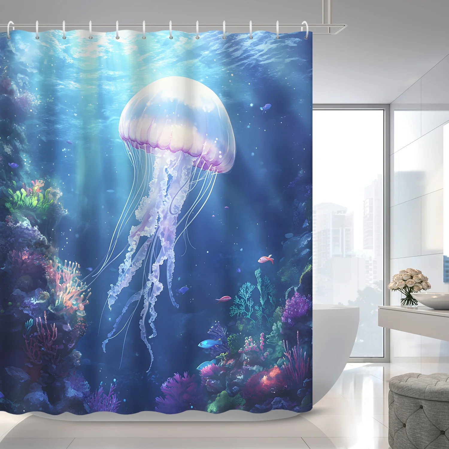 

1pc Beautiful Ocean Luminous Jellyfish Seaweed Coral Print Shower Curtain, Polyester Fabric with 12 Hooks, Bath Curtain