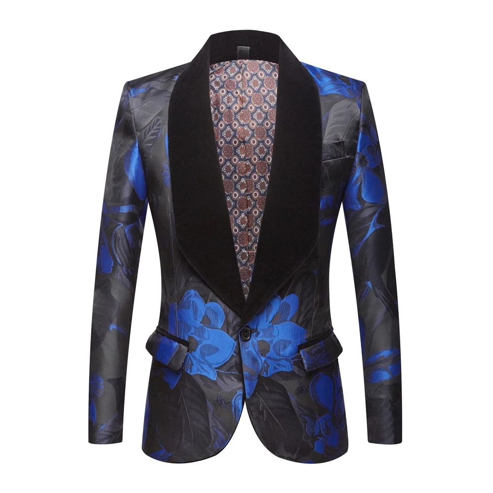 

Men Blue Flower Jacquard Lapel Suits Blazer Personality Wild Men's Suit Jacket High Quality Fashion Slim Fit Blazer Coat Male