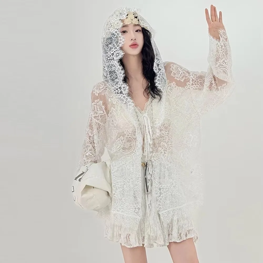 

Fashion Lace Embroidered Long Sleeve Cardigan Loose Fit Breathable See Through Blouse Hollow Long Open Cardigan Women