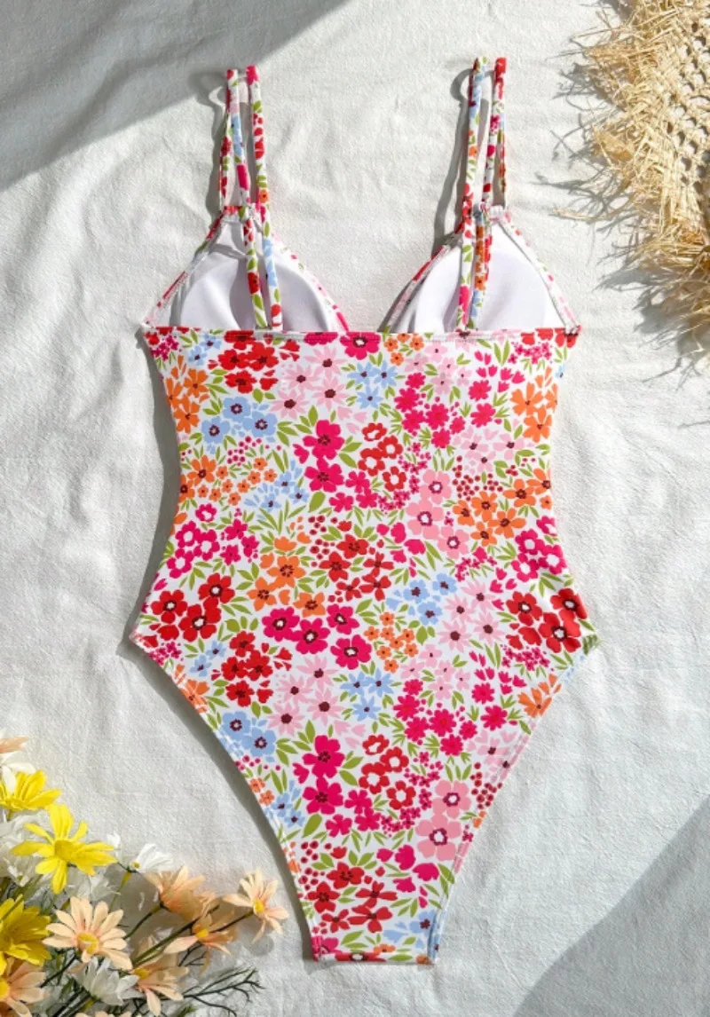 sexy pink flower print swimsuits one piece deep v-neck bodysuits bikinis bathing suit swimwear biquini tankini trikini