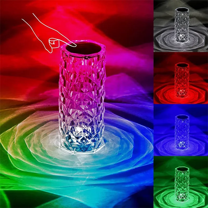 3/16 Colour LED Crystal Table Lamp Rechargeable Touch Rose Romantic Night Lamp Bedroom Bedside Lamp Living Room Bar Decoration