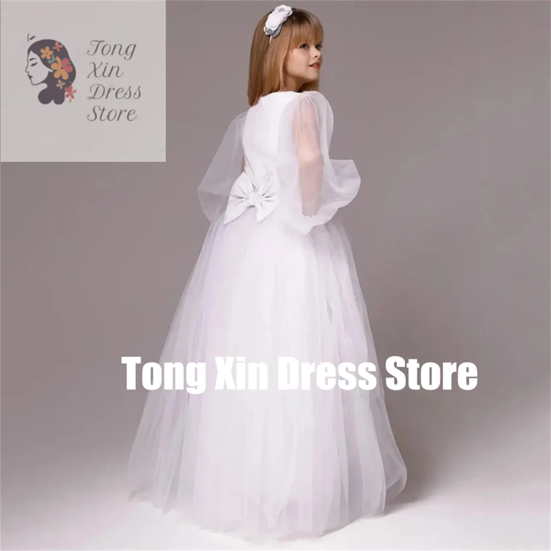 Vestidos florais personalizados para meninas, tule com laço, manga longa, para casamento, festa de aniversário, baile, banquete, vestidos de comunhão sagrada