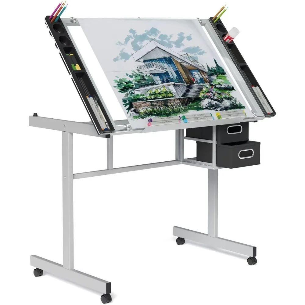 

Adjustable Drafting Table with Glass Top, Art Craft Desk with Slide-Out Drawers, Rolling Wheels, Storage for Drawing, Writing
