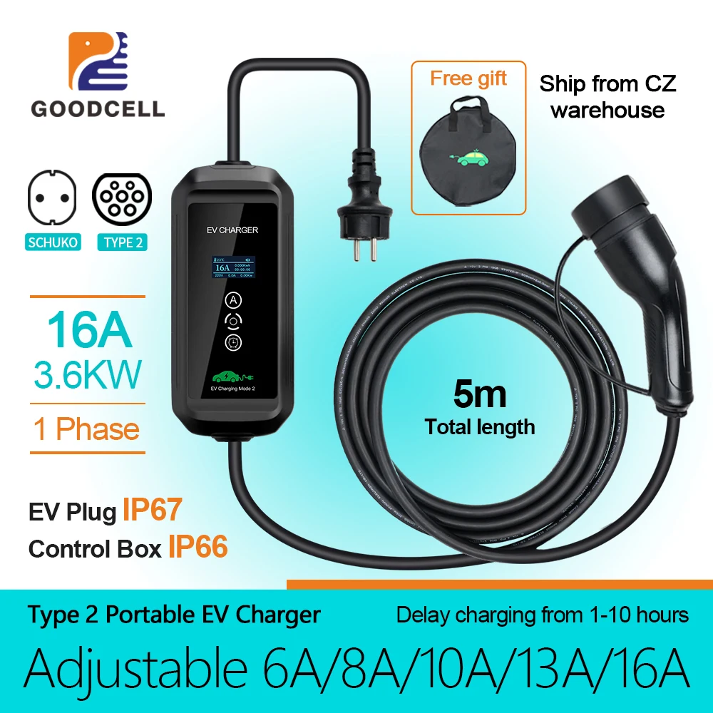 Goodcell 16A 3.6KW Type 2 EV Charger Charging Box Portable IEC62196-2 EVSE Charging Cable for Electric Car