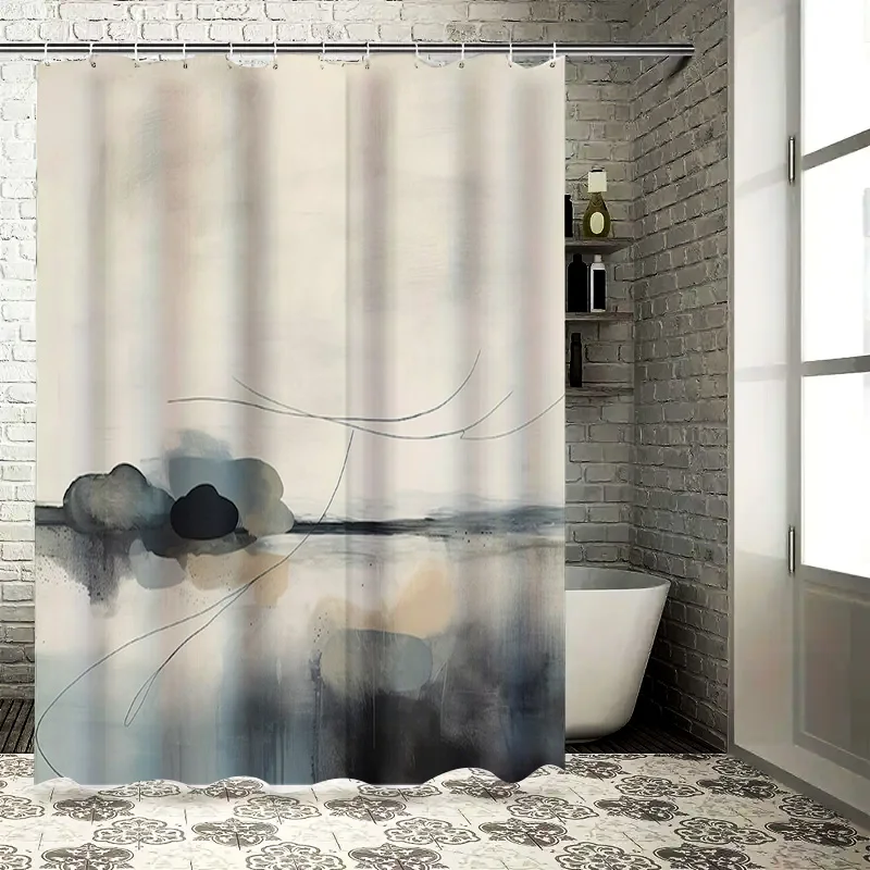 

Minimalist Modern Watercolor Floral Bath Shower Curtain Set in Black White Grey Room Decor for Bathroom Extra Long Size 72x84 In