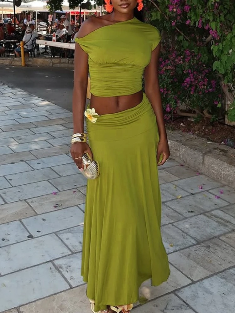 

Bangniweigou плиссированное платье макси с открытыми плечами и наклонным вырезом, женский модный зеленый топ на бретелях и юбка, комплект из двух предметов